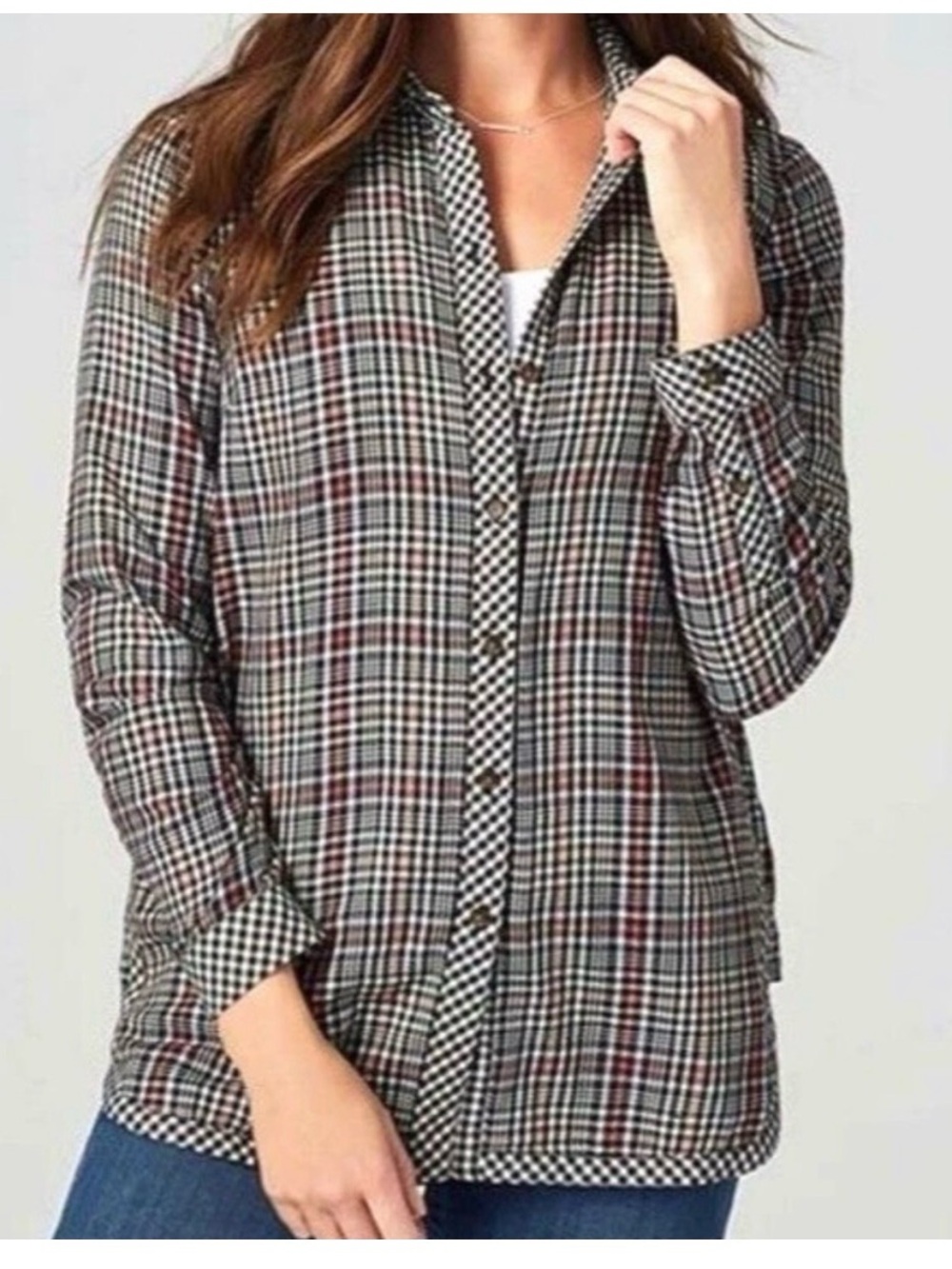 J. Jill Women's Cabincore Plaid and Gingham Flannel Button Up Red White Black Lp